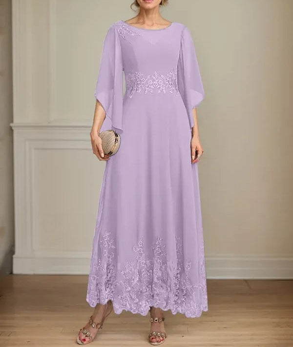 A-line Scoop Illusion Ankle-Length Lace Chiffon Mother of the Bride Dress With Sequins