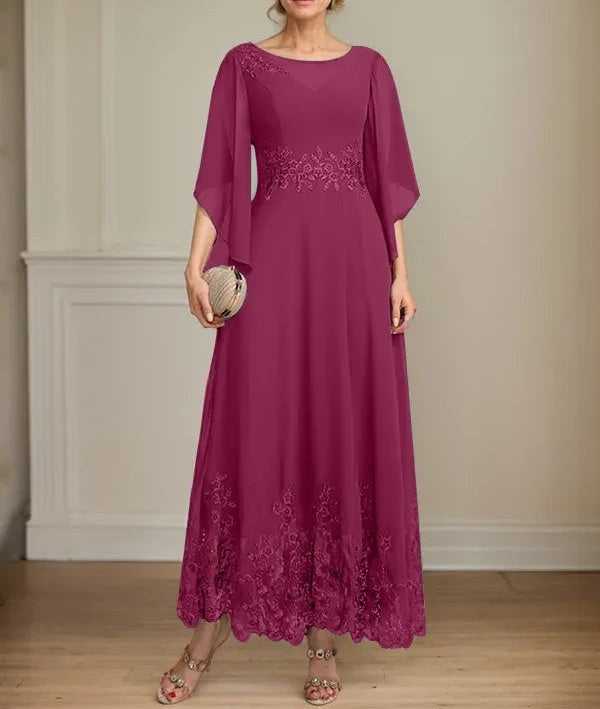 A-line Scoop Illusion Ankle-Length Lace Chiffon Mother of the Bride Dress With Sequins