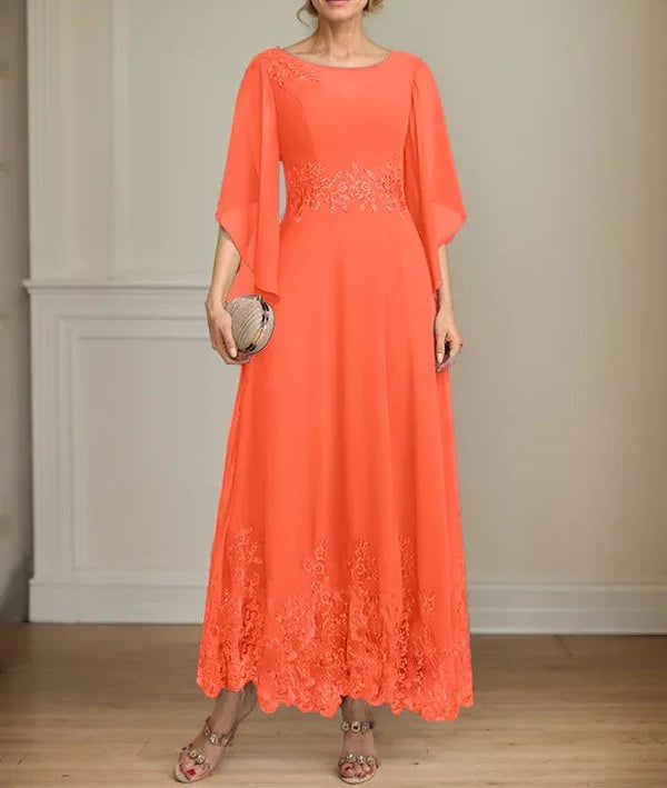 A-line Scoop Illusion Ankle-Length Lace Chiffon Mother of the Bride Dress With Sequins
