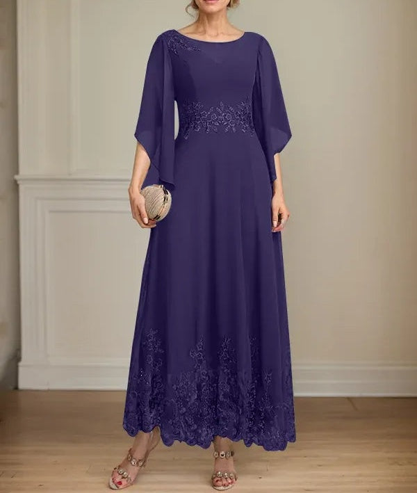 A-line Scoop Illusion Ankle-Length Lace Chiffon Mother of the Bride Dress With Sequins