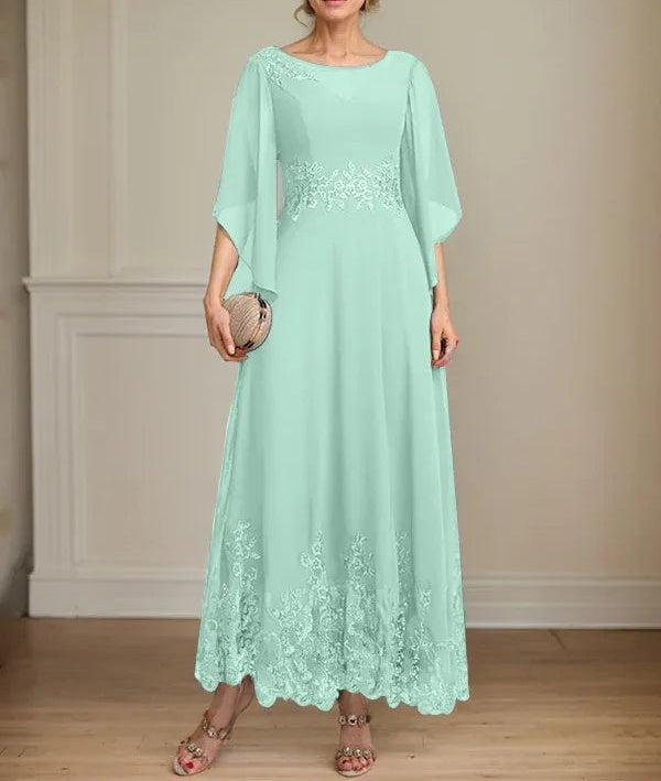 A-line Scoop Illusion Ankle-Length Lace Chiffon Mother of the Bride Dress With Sequins