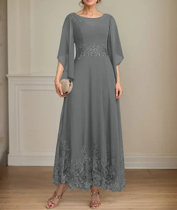 A-line Scoop Illusion Ankle-Length Lace Chiffon Mother of the Bride Dress With Sequins