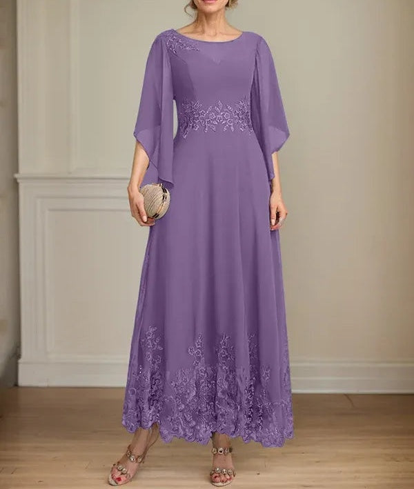 A-line Scoop Illusion Ankle-Length Lace Chiffon Mother of the Bride Dress With Sequins