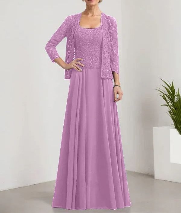 A-line Square Floor-Length Lace Chiffon Mother of the Bride Dress With Sequins