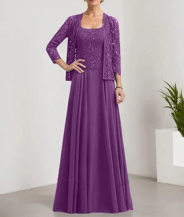 A-line Square Floor-Length Lace Chiffon Mother of the Bride Dress With Sequins