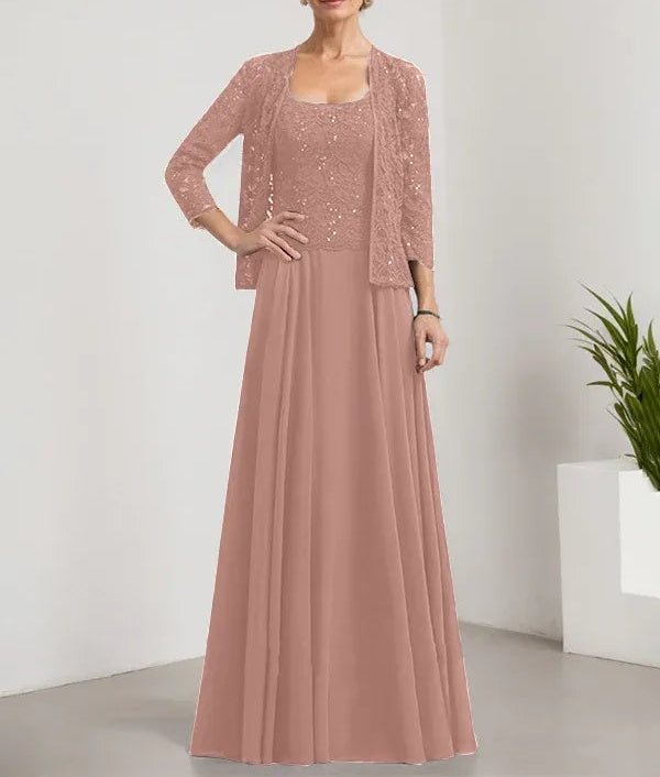 A-line Square Floor-Length Lace Chiffon Mother of the Bride Dress With Sequins