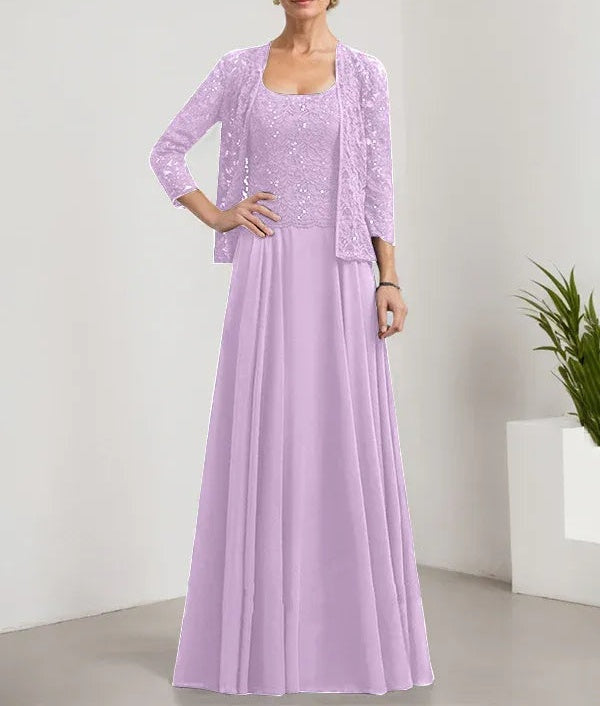 A-line Square Floor-Length Lace Chiffon Mother of the Bride Dress With Sequins