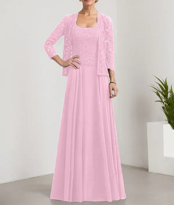A-line Square Floor-Length Lace Chiffon Mother of the Bride Dress With Sequins