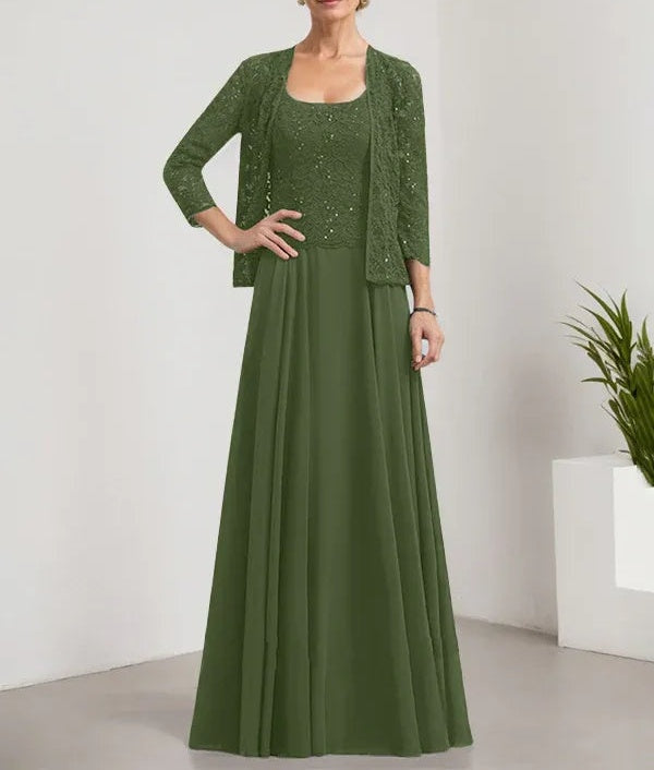 A-line Square Floor-Length Lace Chiffon Mother of the Bride Dress With Sequins