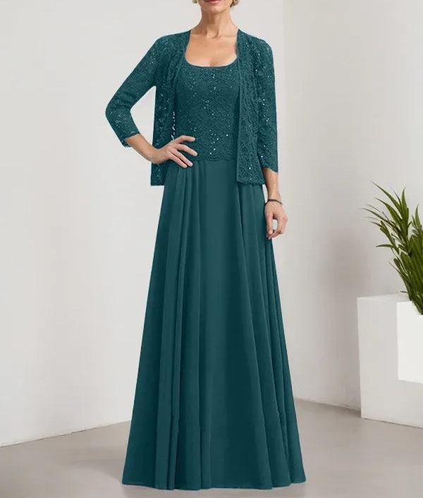 A-line Square Floor-Length Lace Chiffon Mother of the Bride Dress With Sequins