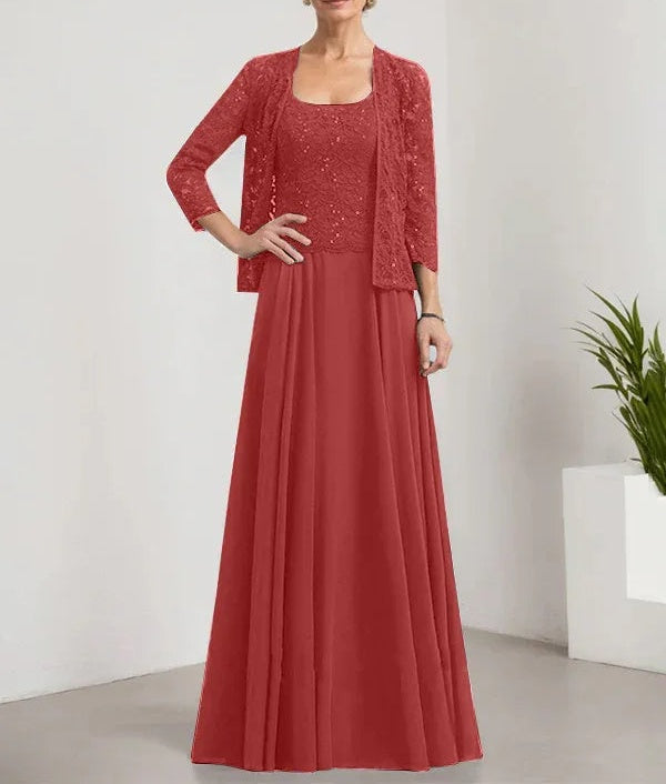 A-line Square Floor-Length Lace Chiffon Mother of the Bride Dress With Sequins