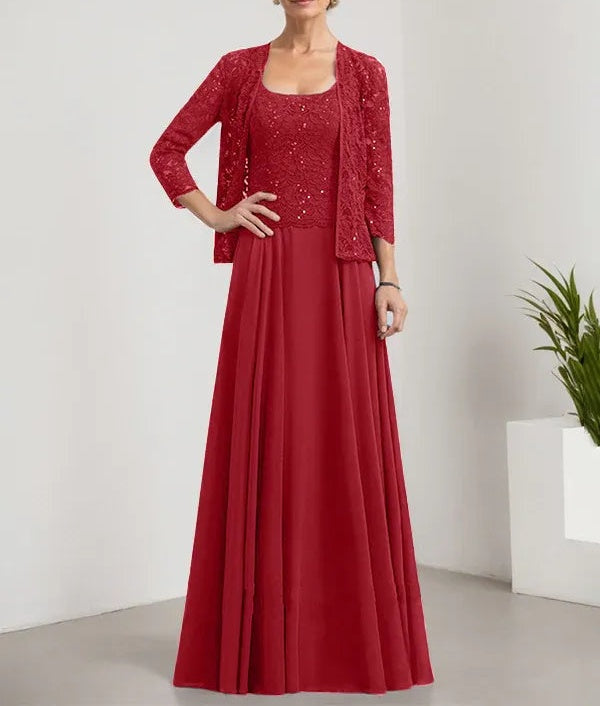 A-line Square Floor-Length Lace Chiffon Mother of the Bride Dress With Sequins