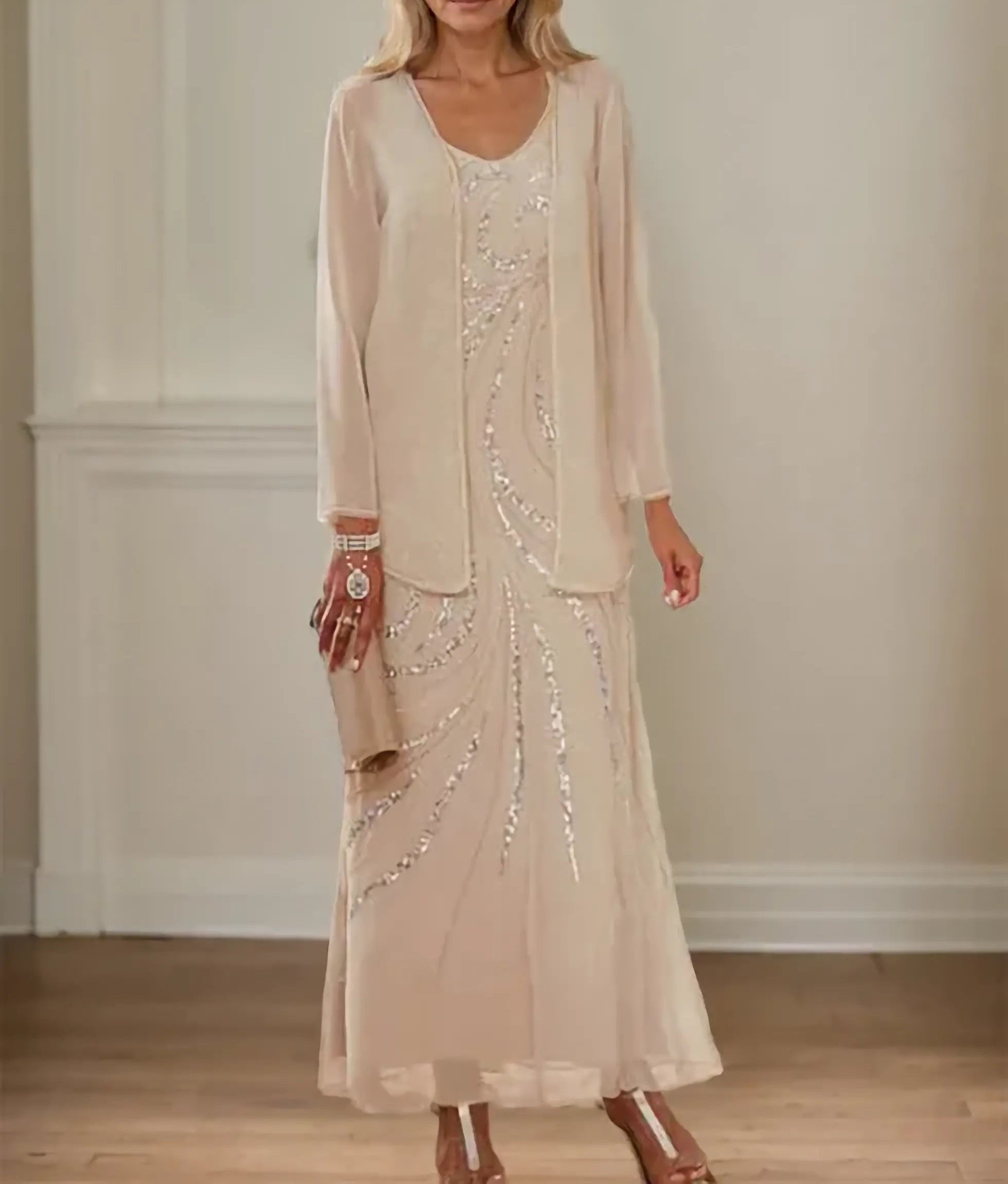 Sheath/Column V-Neck Ankle-Length Mother of the Bride Dresses with Jacket & Sequins