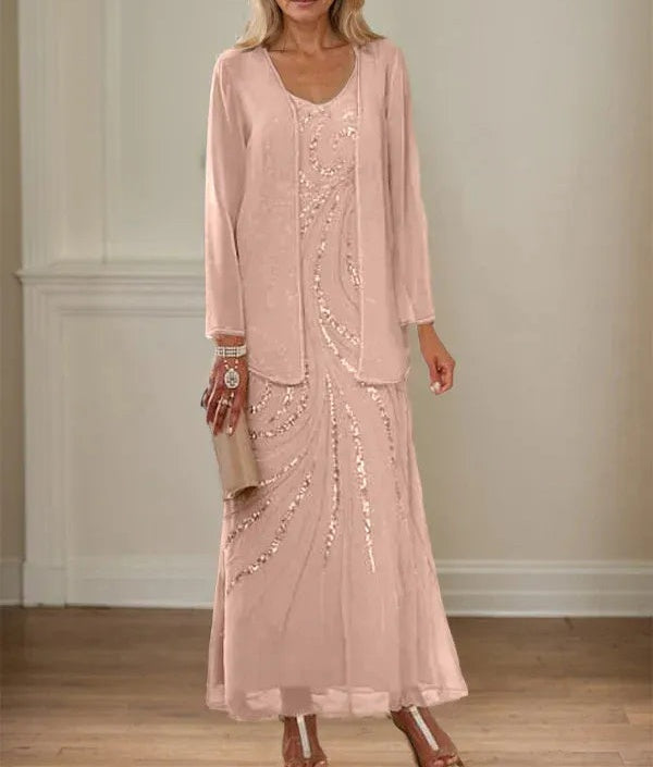 Sheath/Column V-Neck Ankle-Length Mother of the Bride Dresses with Jacket & Sequins