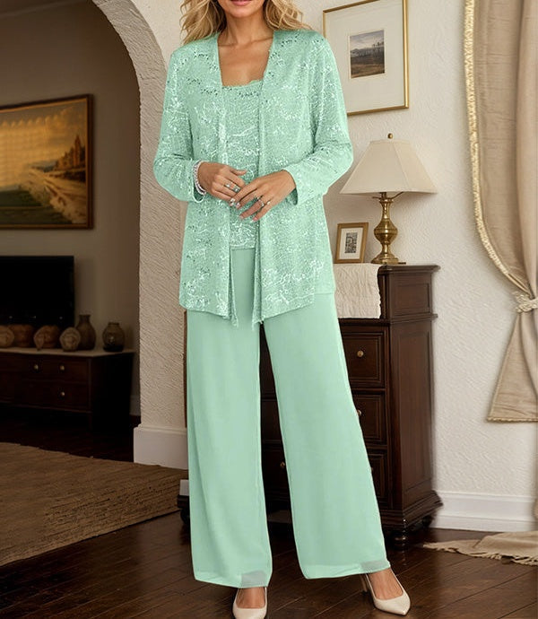 Chiffon Mother of the Bride Pantsuits with Jacket & Sequins