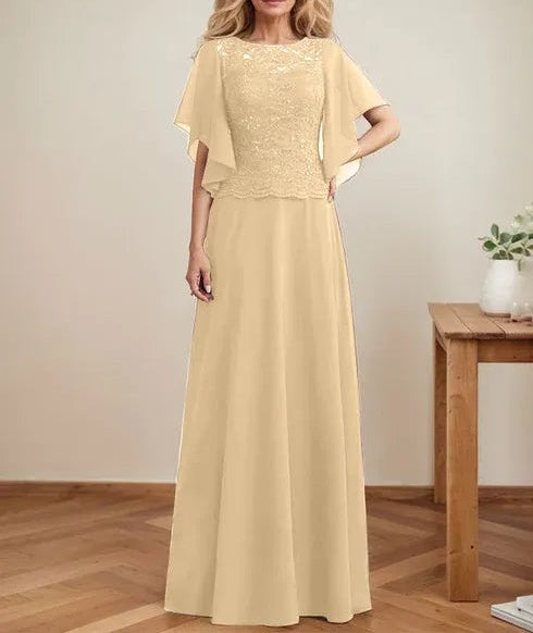 A-line Scoop Illusion Floor-Length Lace Chiffon Mother of the Bride Dress With Sequins