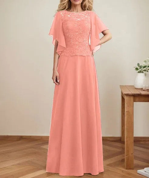 A-line Scoop Illusion Floor-Length Lace Chiffon Mother of the Bride Dress With Sequins