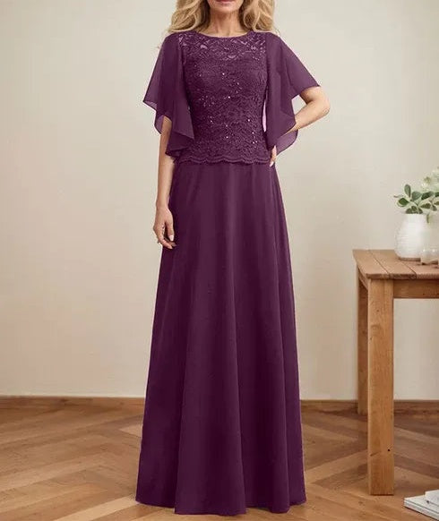 A-line Scoop Illusion Floor-Length Lace Chiffon Mother of the Bride Dress With Sequins