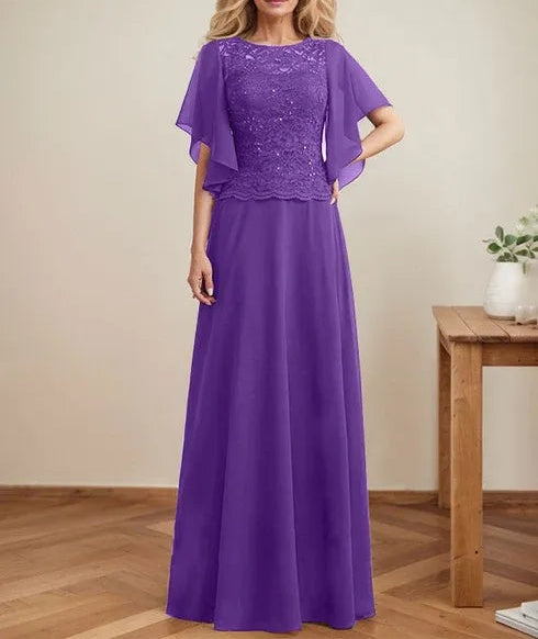 A-line Scoop Illusion Floor-Length Lace Chiffon Mother of the Bride Dress With Sequins