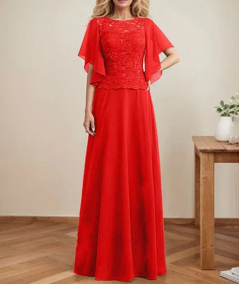 A-line Scoop Illusion Floor-Length Lace Chiffon Mother of the Bride Dress With Sequins