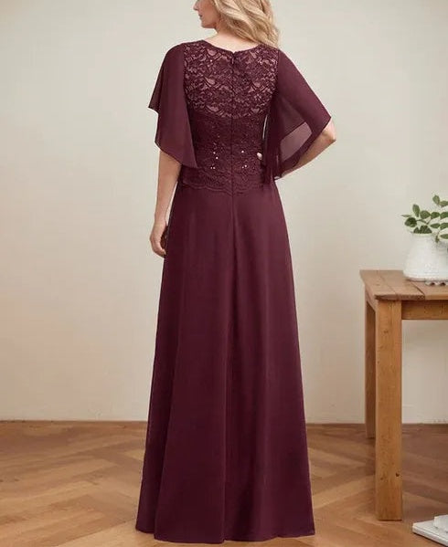 A-line Scoop Illusion Floor-Length Lace Chiffon Mother of the Bride Dress With Sequins