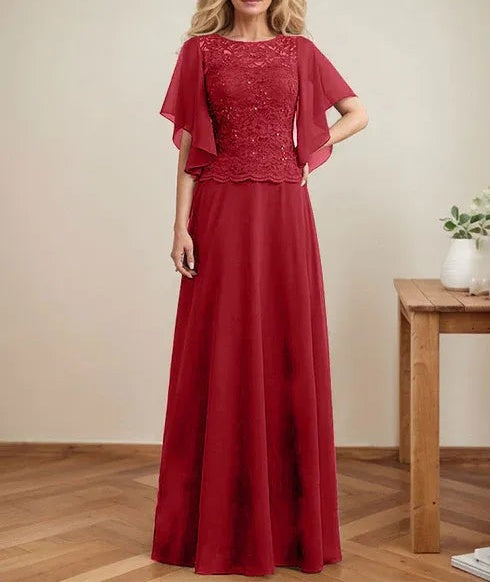 A-line Scoop Illusion Floor-Length Lace Chiffon Mother of the Bride Dress With Sequins