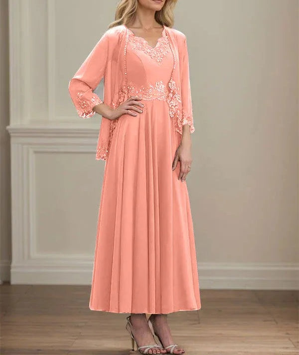 A-line V-Neck Ankle-Length Chiffon Mother of the Bride Dress With Sequins Appliques Lace Beading