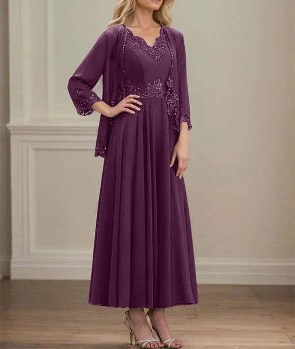 A-line V-Neck Ankle-Length Chiffon Mother of the Bride Dress With Sequins Appliques Lace Beading