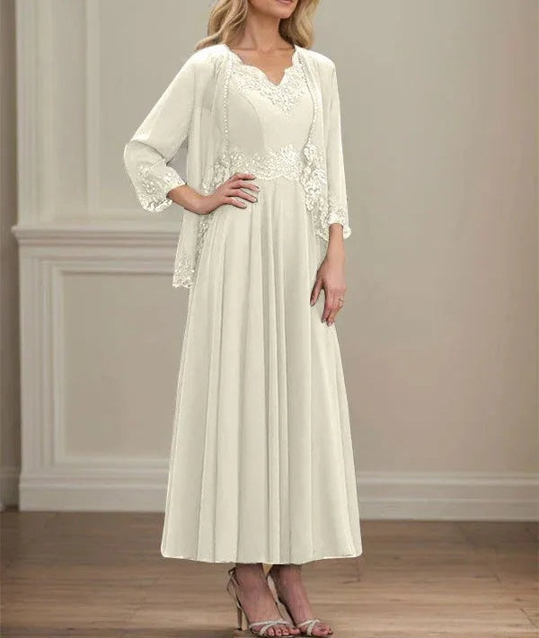 A-line V-Neck Ankle-Length Chiffon Mother of the Bride Dress With Sequins Appliques Lace Beading