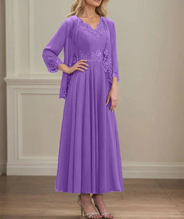 A-line V-Neck Ankle-Length Chiffon Mother of the Bride Dress With Sequins Appliques Lace Beading