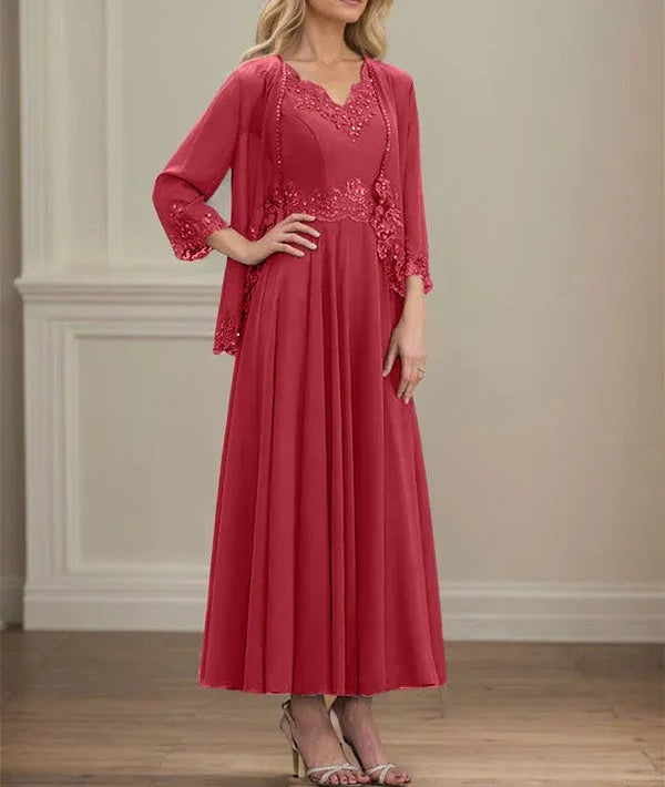 A-line V-Neck Ankle-Length Chiffon Mother of the Bride Dress With Sequins Appliques Lace Beading
