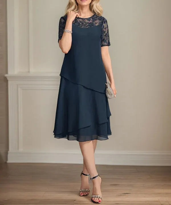 A-line Scoop Illusion Knee-Length Lace Chiffon Mother of the Bride Dress With Sequins