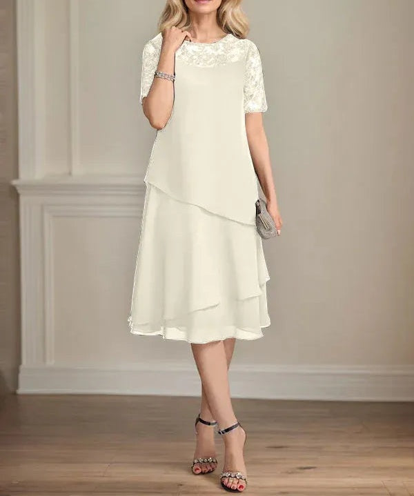 A-line Scoop Illusion Knee-Length Lace Chiffon Mother of the Bride Dress With Sequins