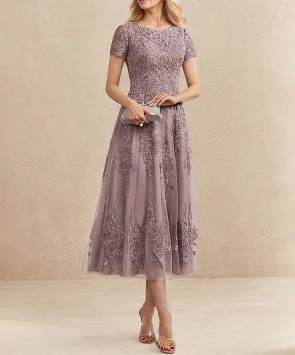 A-line Scoop Tea-Length Tulle Lace Mother of the Bride Dress