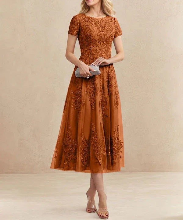 A-line Scoop Tea-Length Tulle Lace Mother of the Bride Dress