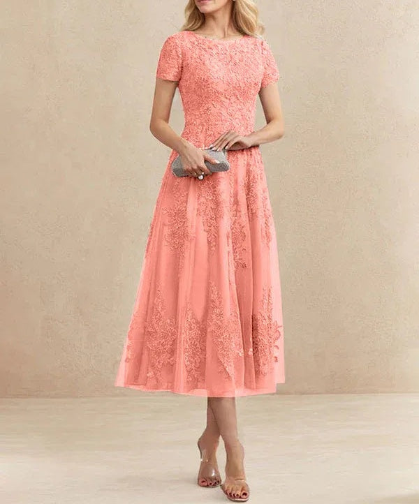A-line Scoop Tea-Length Tulle Lace Mother of the Bride Dress