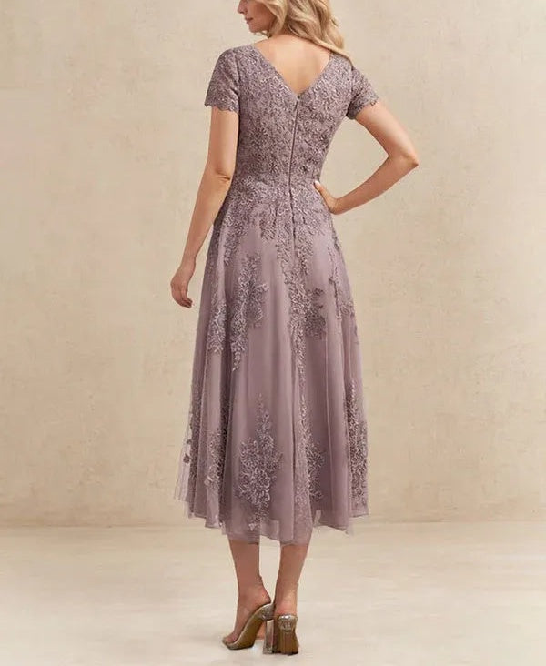A-line Scoop Tea-Length Tulle Lace Mother of the Bride Dress