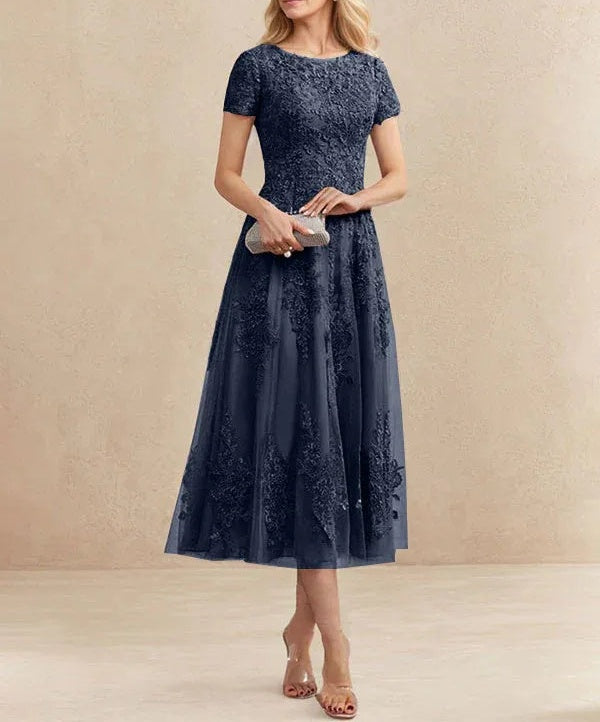 A-line Scoop Tea-Length Tulle Lace Mother of the Bride Dress