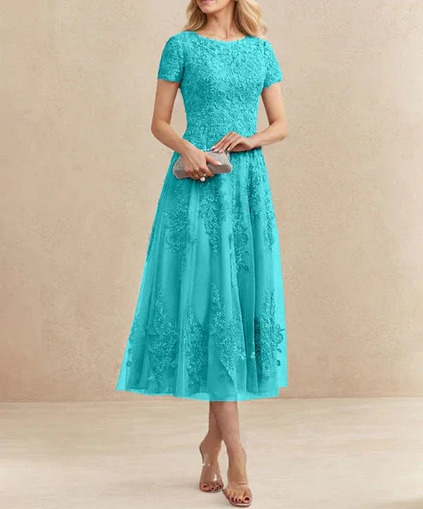 A-line Scoop Tea-Length Tulle Lace Mother of the Bride Dress