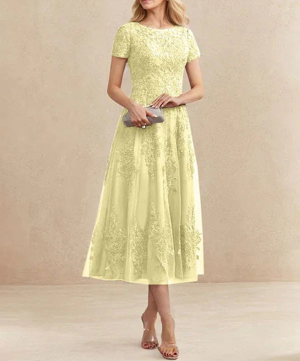 A-line Scoop Tea-Length Tulle Lace Mother of the Bride Dress