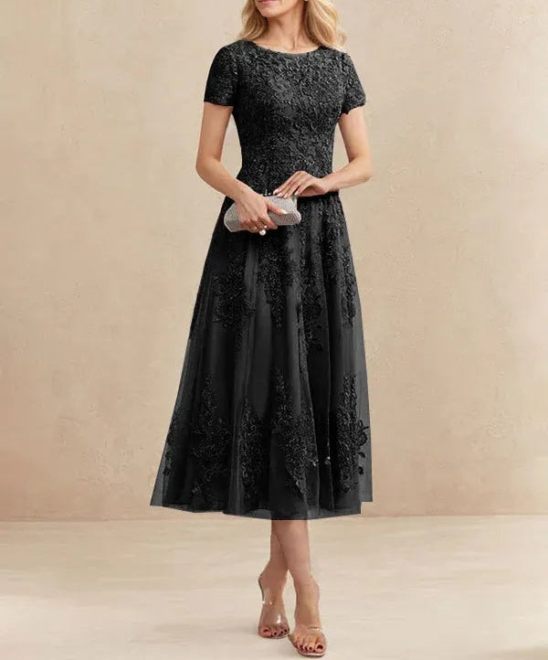 A-line Scoop Tea-Length Tulle Lace Mother of the Bride Dress