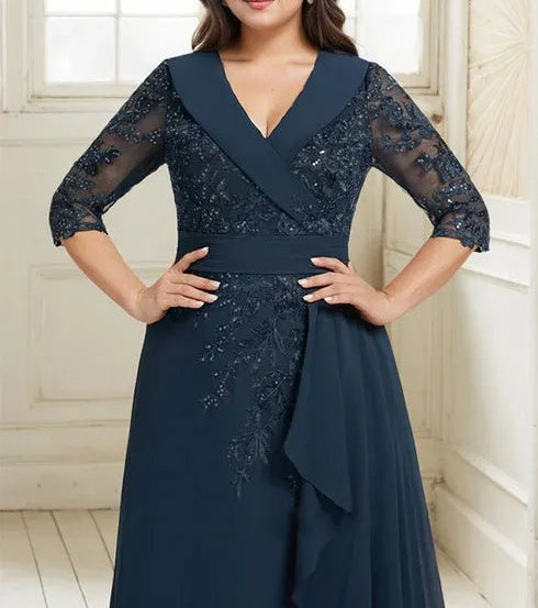 A-line Collared V-Neck Floor-Length Lace Chiffon Mother of the Bride Dress With Sequins Cascading Ruffles