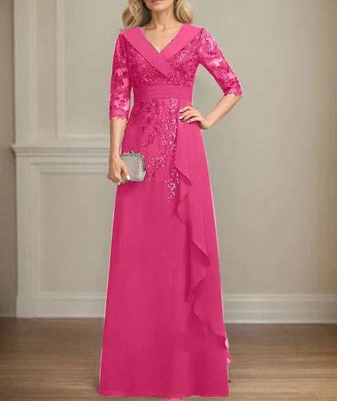 A-line Collared V-Neck Floor-Length Lace Chiffon Mother of the Bride Dress With Sequins Cascading Ruffles