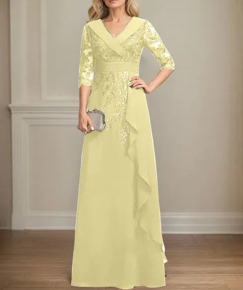 A-line Collared V-Neck Floor-Length Lace Chiffon Mother of the Bride Dress With Sequins Cascading Ruffles