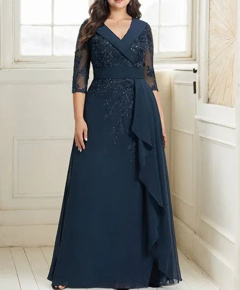 A-line Collared V-Neck Floor-Length Lace Chiffon Mother of the Bride Dress With Sequins Cascading Ruffles