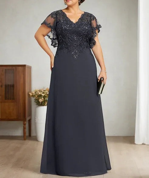 A-line V-Neck Floor-Length Lace Chiffon Mother of the Bride Dress With Sequins