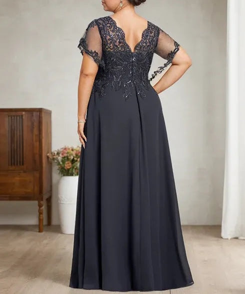 A-line V-Neck Floor-Length Lace Chiffon Mother of the Bride Dress With Sequins