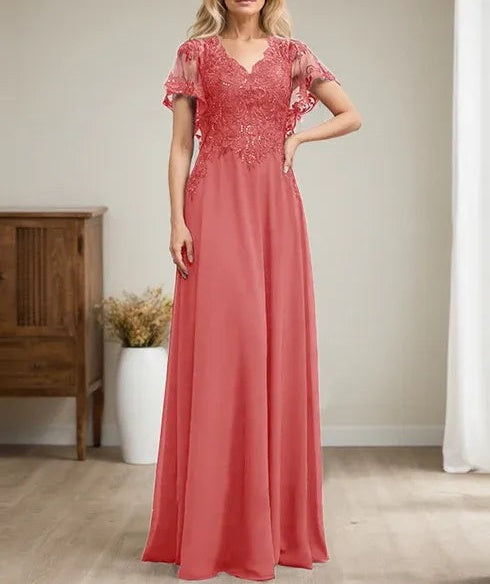 A-line V-Neck Floor-Length Lace Chiffon Mother of the Bride Dress With Sequins