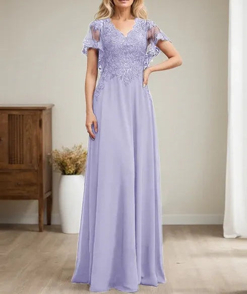 A-line V-Neck Floor-Length Lace Chiffon Mother of the Bride Dress With Sequins