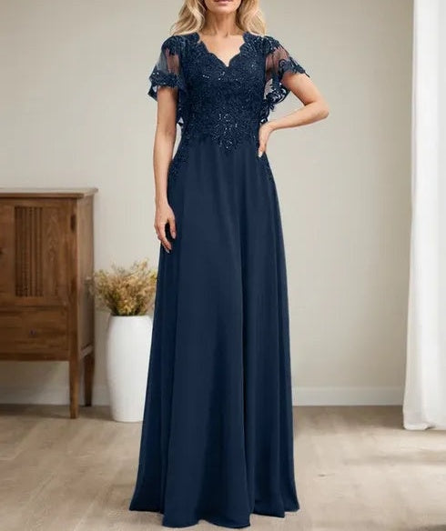 A-line V-Neck Floor-Length Lace Chiffon Mother of the Bride Dress With Sequins